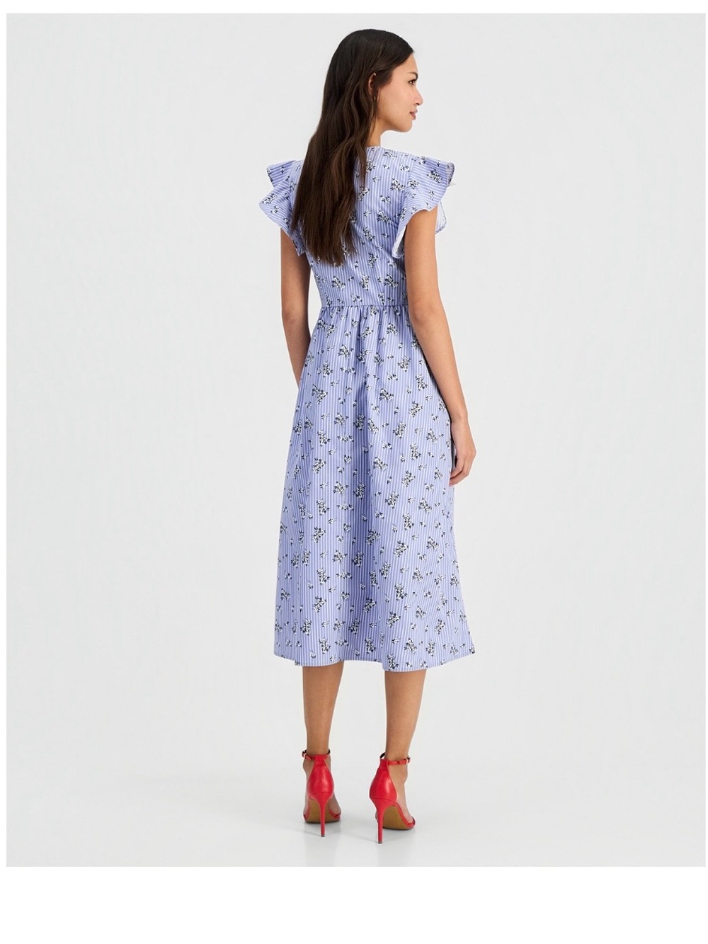Floral Stripe Midi Dress with Ruffle Sleeves